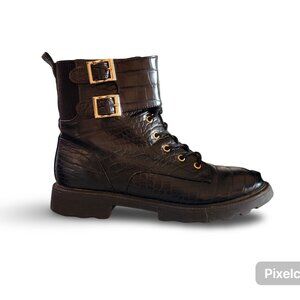 Aldo Black Croc-Embossed Combat Boots with Gold Buckles